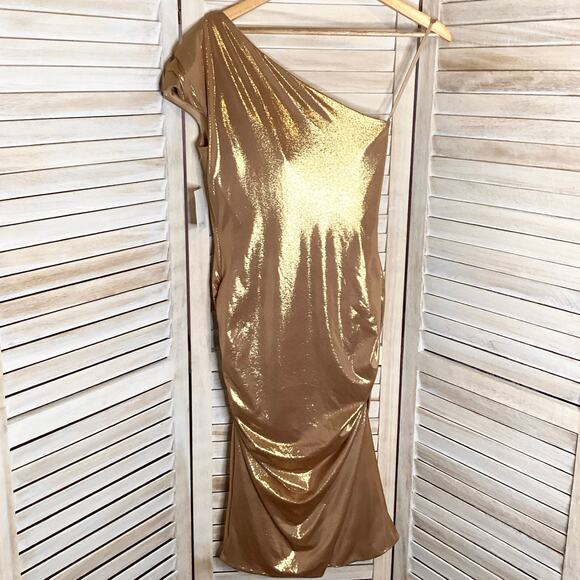 Rene Ruiz Metallic Gold One Shoulder Ruched Midi Cocktail Dress 4 NWT - Picture 5 of 10